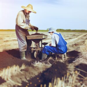 Landarbeiter heilen Klima-Landschaft mit Saatgut